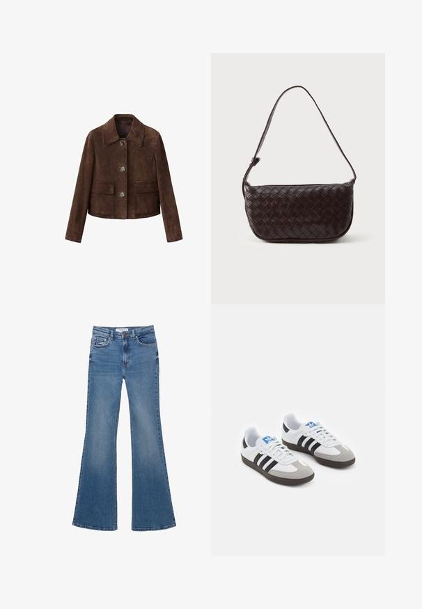 Bruine suède jas met een kraag, knopen aan de voorkant en twee borstzakken. Kenmerkt zich door een cropped ontwerp en een gladde textuur.; Lichtbruin lange mouwen V-hals trui met een eenvoudige gebreide textuur en een klein merklabel bij de halslijn.; Blauwe denim flared jeans met voor- en achterkantzakken, riemlussen en knoopsluiting, plat gelegd op een witte achtergrond.; Sportschoenen met een witte leren bovenkant, grijze suède neus en drie zwarte strepen. Bevat een blauw logo op de tong en een gestructureerde rubberen zool.; Geweven leren schoudertas in donkerbruin met een gebogen vorm, verstelbare schouderband en een gladde afwerking. Compact ontwerp zonder zichtbare hardware.
