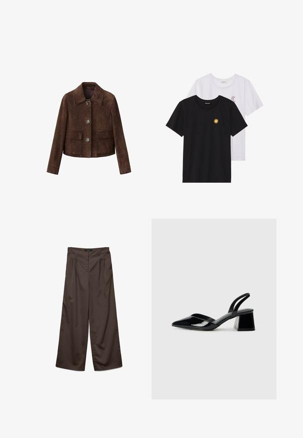 Brown suede jacket with a collar, button front, and two chest pockets. Features a cropped design and smooth texture.; Black and white T-shirts, round neck, short sleeves. Black shirt features yellow sun embroidery; white has purple crescent moon accent.; Wide-leg trousers in dark brown fabric with a smooth texture. Features include pleats at the front and a standard waistband.; Black patent leather slingback heels with a pointed toe and a geometric block heel. Features a sleek, minimal design and smooth texture.