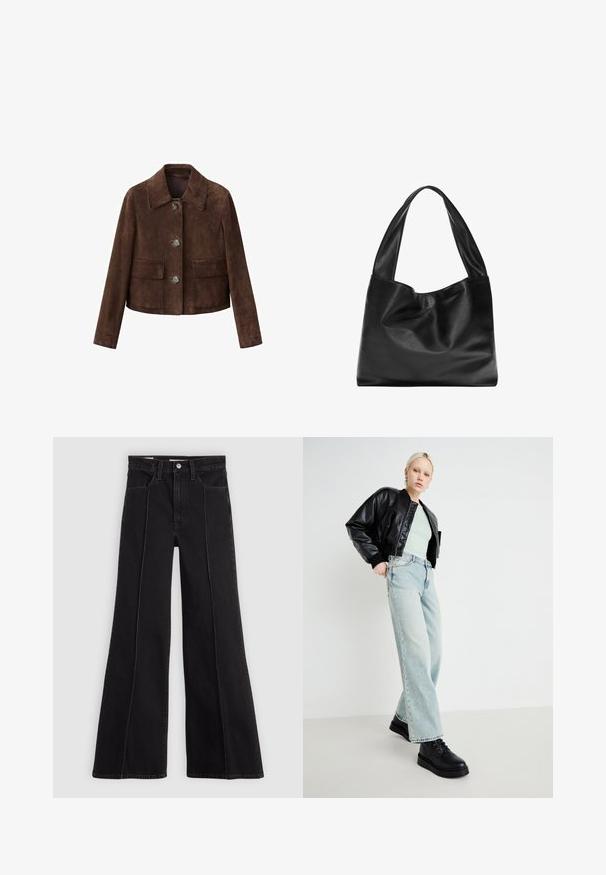 Jachetă de suede maro cu guler, închidere cu butoane și două buzunare la piept. Prezintă un design scurt și o textură netedă.; Tricou din bumbac negru cu mâneci scurte, având un grafic al unei mâini și textul "Levi's LA LUNE" în alb pe zona stângă a pieptului.; Jeans negre cu talie înaltă și picioare largi, cu detalii pe cusătura din față, închidere cu nasture, lopeți pentru curea și buzunare frontale, pe un fundal simplu deschis.; Jachetă bomber din piele neagră, cămașă verde mentă, blugi evazați de culoare albastru deschis și pantofi negri cu șireturi, pe un fundal minimal.; Geantă de umăr din piele neagră, cu un design moale și lejer, mânere late și o textură netedă. Fără elemente de prindere vizibile sau embellishemnts.