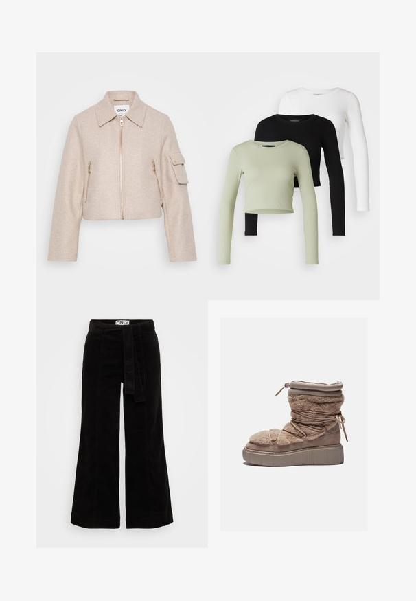 Bež jakna skraćena uz vrat, s prednjim zatvaračem i dva džepa sa zatvaračem. Tkanina ima mekanu teksturu; ima zlatne metalne detalje.; Even&Odd Petite 3 PACK - Top dugih rukava - black/white/light green; Crne pasoške široke hlače s vezicom u struku, s teksturiranim završetkom i strukturiranim oblikom, pogodne za svakodnevno nošenje.; Krznene bež čizme do gležnja s debelim platformom, sabranim gornjim dijelom i elastičnim vezicama. Imaju zatvaranje na zip i mekanu teksturu tkanine.