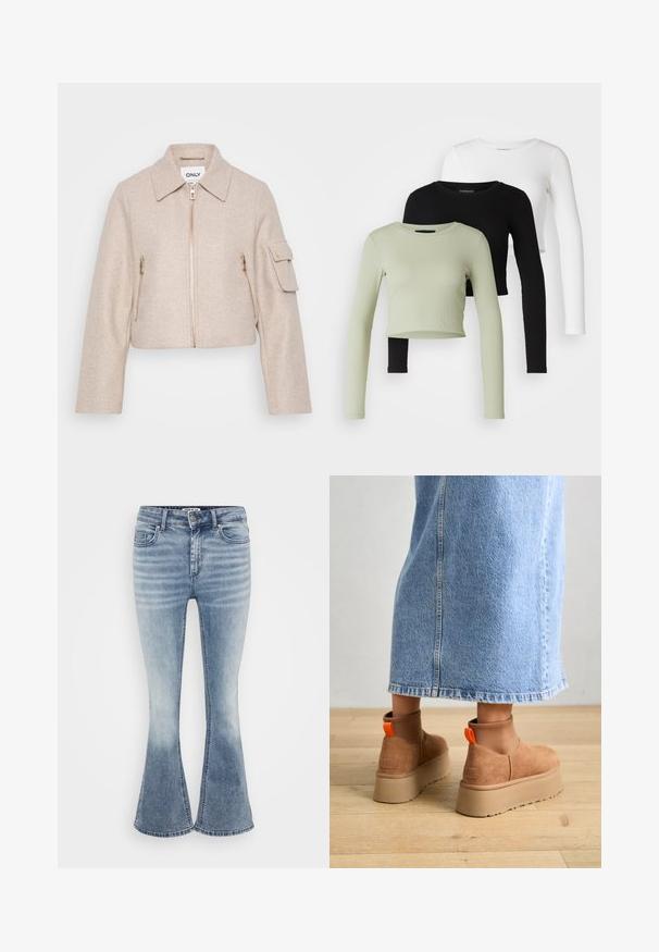 Beige cropped jacket with a collar, front zip closure, and two zippered pockets. Fabric has a soft texture; features gold hardware accents.; Even&Odd Petite 3 PACK - Long sleeved top - black/white/light green; Light blue flared jeans made of denim, featuring a classic five-pocket design, front zip closure, and subtle fading along the thighs.; Brown suede platform boots with elastic side panels and orange pull tabs, paired with a knee-length light denim skirt on a wooden floor.