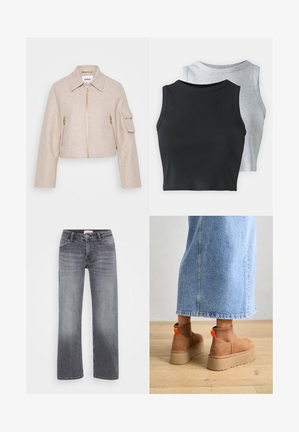 Bežna skrajšana jakna s ovratnikom, sprednjim zadrgo in dvema žepoma z zadrgo. Tkanina ima mehak teksturo; vsebuje zlate kovinske dodatke.; Even&Odd Petite 2 PACK - Top - light grey/black; Sivi traper hlače s ravnim krojem, pet žepov, rahlo zbledelo in z gumbom za zapiranje pri pasu.; Rjave suede platform čizme z elastičnimi stranskimi paneli in oranžnimi zankami, v kombinaciji s svetlobno denim krilom do kolen na lesenem tleh.