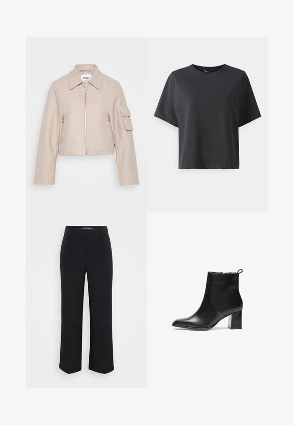 Béžová skrátená bunda s golierom, predným zipsom a dvoma zipsovými vreckami. Tkanina má jemnú štruktúru; obsahuje zlaté kovové prvky.; Čierne bavlnené tričko, krátke rukávy, okrúhly výstrih, voľný strih, hladká textúra, jednoduchý dizajn, bez vzorov alebo akcentov.; Čierne široké nohavice s hladkou textúrou, s plochým pásom a bočnými vreckami, navrhnuté v minimalistickom štýle.; Čierna kožená členková boot s okrúhlou špičkou, stredne vysokým blokovým podpätkom a pútkom na zadnej strane. Hladká textura, minimalistický dizajn.
