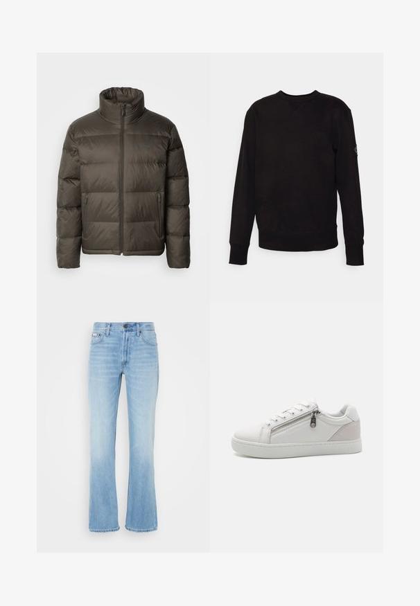 Dark olive green puffer jacket with a high collar, zip front, and stitched sections. Features side pockets and a branded tag on the chest.; Black crewneck sweatshirt made of cotton. Features ribbed cuffs and hem, with a small logo patch on the left sleeve. Flat, smooth surface.; Light blue denim flared jeans with a faded finish, five pockets, belt loops, and a button closure at the waist.; White sneaker featuring smooth leather material, contrasting beige suede accent on the heel, and a zip closure detail on the side.