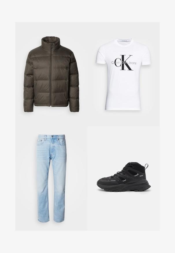 Tamno maslinasto zelena puf jakna s visokim ovratnikom, zatvaranjem na zip i šavovima. Ima bočne džepove i markirani tag na prsima.; Bijela pamučna majica s crnim "CK" logotipom i natpisom "Calvin Klein Jeans", kratki rukavi i klasičan okrugli izrez.; Svijetloplave traperice ravnog kroja, s izblijedjelim dijelovima, dizajnom s pet džepova i klasičnim dugmadi.; Crne planinarske cipele s višeslojnim dizajnom, teksturiranom tkaninom i gumenenim potplatom, s ojačanim dijelovima i vezicama sprijeda.