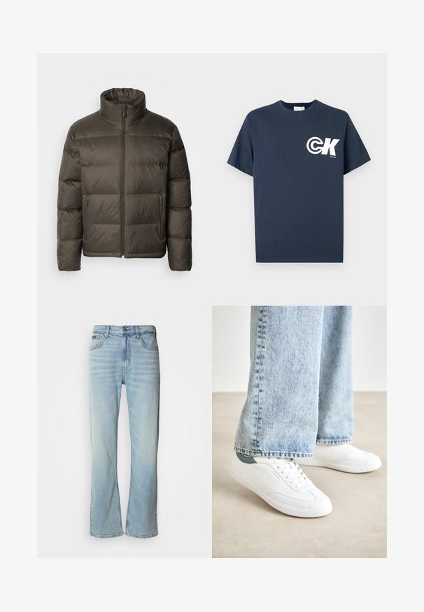 Tume oliivroheline puhvjakattel, millel on kõrge krae, lukuga esiküljel ja õmmeldud sektsioonid. Külgedel on taskud ja rinnal kaubamärgiga silt.; Tumesinine lühikeste varrukatega ümara kaelusega T-särk, millel on valge CK logo ja vasakul rinnal kiri "Calvin Klein".; Heledad sinised teksad sirge lõikega, mis sisaldavad viit taskut, nööbiga sulgemise ja kergelt kulunud ilmega kangast.; Valged spordijalatsid sileda materjaliga, nööridega mudel, tekstuurne kummitald ja türkiissinine aksent kandadel, koos heledate siniste teksadega.