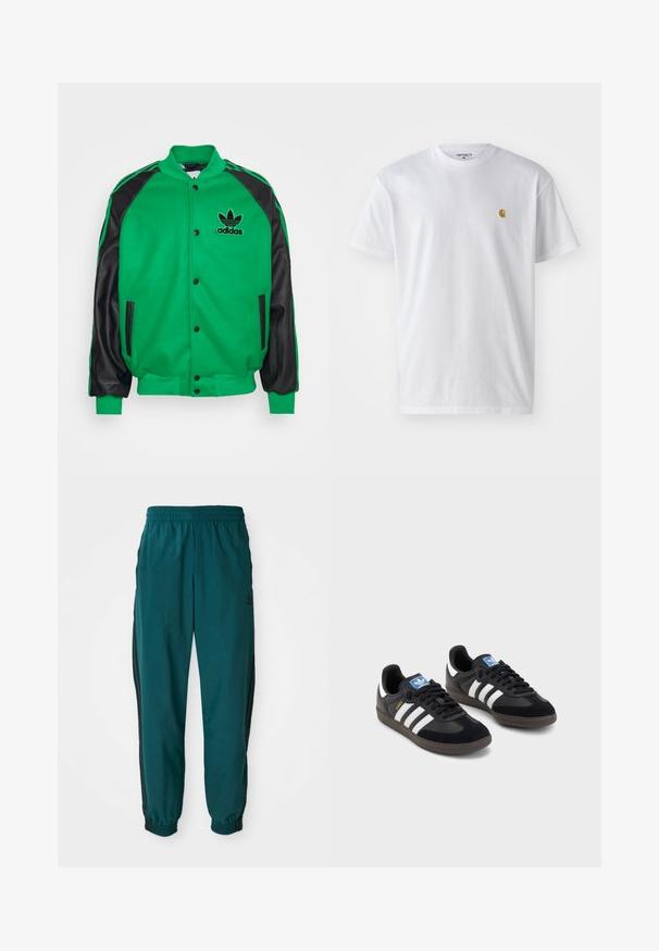 adidas Originals SST VARSITY - Bomber-jakk - green/black; Valge puuvillane t-särk lühikeste varrukatega, ümmargune kaelus, millel on väike kuldne logo vasakul rinnal. Pehme tekstuur ja regulaarne lõike.; Türkis värvi spordipüksid, millel on nööriga vöökoht, elastsed mansetid ja mustad triibud külgedel. Valmistatud kergest kangast, logoga puusade lähedal.; Mustad tossud, mille pealseks on seemisnahk ja sünteetilised materjalid, kolme valge triibuga, tekstureeritud kummitald ja sinine logo silt keele peal.