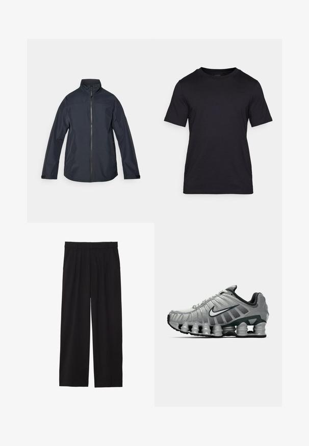 Tmavě námořnický voděodolný kabát s vysokým límcem, plným předním zipem, dlouhými rukávy a elastickými manžetami. Hladká, lehká látka s minimálním designem.; Černé tričko vyrobené z hladkého materiálu, s kulatým výstřihem a krátkými rukávy. Diskrétní značení potištěné černou barvou na hrudi.; Černé široké kalhoty s skladaným předním dílem, bočními kapsami a hladkou texturou tkaniny. Navrženy pro pohodlný střih.; Šedá a černá běžecká obuv Nike s viditelným odpružením podobným pružině pod podrážkou a bílým logem swoosh na boku.