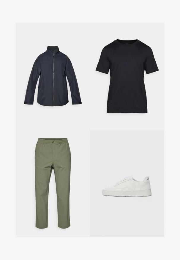 Sötét navy kék, vízálló dzseki magas gallérral, teljes hosszúságú cipzárral, hosszú ujjakkal és rugalmas mandzsettákkal. Simára megtervezett, könnyű anyag minimális dizájnnal.; Fekete póló sima anyagból, kerek nyakkivágással és rövid ujjakkal. Diszkrét fekete márkajelzés található a mellkason.; Olíva zöld, könnyű anyagból készült nadrág, rugalmas derékkal, gombos záródással és egyenes szárú fazonnal, látható minták nélkül.; Fehér bőr sportcipő sima felülettel, kerek orral, lapos fűzőkkel és texturált talppal. Finom logó található a sarokon.