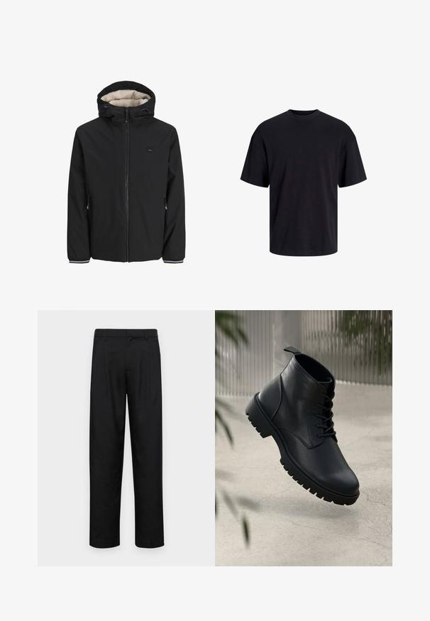 Črna izolirana jakna z mehkim kremnim podplatom, nastavljivo kapuco, sprednjim zadrgo in stranskimi žepi. Ima elastične manšete z črtastimi poudarki.; Črna bombažna majica s krojačkom izrezom, kratkimi rokavi in sproščenim krojem. Gladka tekstura in brez vidnih vzorcev ali poudarkov.; Črne hlače iz gladkega materiala, s krojem ravne noge, dvema sprednjima pregiboma in standardnim pasom z zankami za pas.; Črne usnjene gležnjarje z zaobljenim nosom, s vezalkami in trdim gumijastim podplatom. Gladka tekstura z zanko na hrbtni strani.
