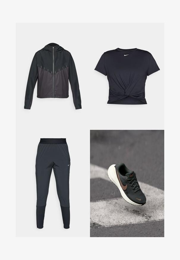 Mustaga kapuutsiga jakk, millel on lukk ees, kontrastne mati ja läikiva kanga kombinatsioon, kaldu õmblused ja peegeldavad aktsendid õlgadel.; Mustmust musta sportlik T-särk, mis on valmistatud sujuvast kangast, millel on sõlmega esikülg ja väike valge Nike logo rinnal.; Nike spordipüksid tumeshallis, kitsa jala disainiga, elastse vöökoha ja aktsentdetailidega pahkluude lähedal.; Must musta jooksv kingad musta võrkmaterjaliga pealisosa, pruuni Nike logo ja valge pehmendusega tald, rippumas halli pinna kohal.