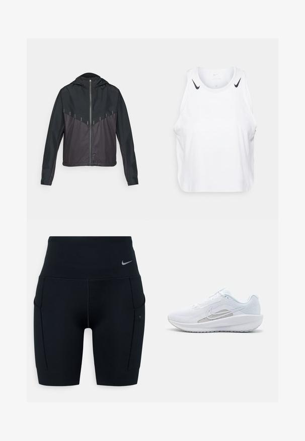 Black jacket with a hood, featuring a zip front, contrasting matte and glossy fabric, angled seams, and reflective accents on shoulders.; White sleeveless tank top made of lightweight fabric, featuring black Nike logo accents on shoulders, round neckline, and relaxed fit.; Black high-waisted athletic shorts made of stretchy material; features side pockets and a small Nike logo on the waistband.; White athletic shoe with mesh upper, rounded toe, and textured sole. Features a silver Nike swoosh and minimalistic design.