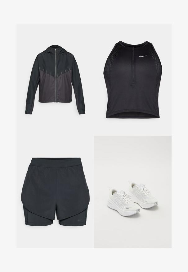 Mustaga kapuutsiga jakk, millel on lukk ees, kontrastne mati ja läikiva kanga kombinatsioon, kaldu õmblused ja peegeldavad aktsendid õlgadel.; Must negra spordiline crop top, millel on lukk ees, võrgukangast detailid ja vormiv disain. Valmistatud venivast ja hingavast kangast. Nike logo ees.; Mustad musta sportlikud lühikesed püksid kihilise disainiga, millel on sile välimine kiht ja istuvad sisepüksid. Valmistatud kergest, venivast kangast.; Valged spordijalatsid, millel on tekstureeritud võrkkangas üst, pehme tallaga ja peened hallid aktsendid. Kaasas bränding ja aasaga kannaaken mugavaks selga panemiseks.
