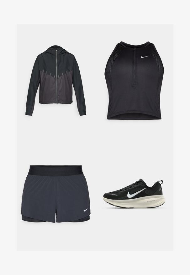 Melnā jaka ar kapuci, ar rāvējslēdzēju priekšā, kontrastējošu matētu un spīdīgu audumu, slīpiem šuvēm un atstarojošiem akcentiem uz pleciem.; Melnā sportiskā augšdaļa ar rāvējslēdzēju priekšpusē, acs akcenti un pieguloša dizaina. Izgatavota no elastīga, elpojoša auduma. Nike logo priekšpusē.; Melnas sporta šortus ar elastīgu jostu, ar slāņotu dizainu un mazu balto Nike logo apakšējā kreisajā stūrī. Viegls materiāls.; Melnas Nike skriešanas kurpes ar elpojošu acs augšdaļu, baltu Swoosh logotipu, strukturētu apdari un krēmkrāsas ZoomX starpsole.