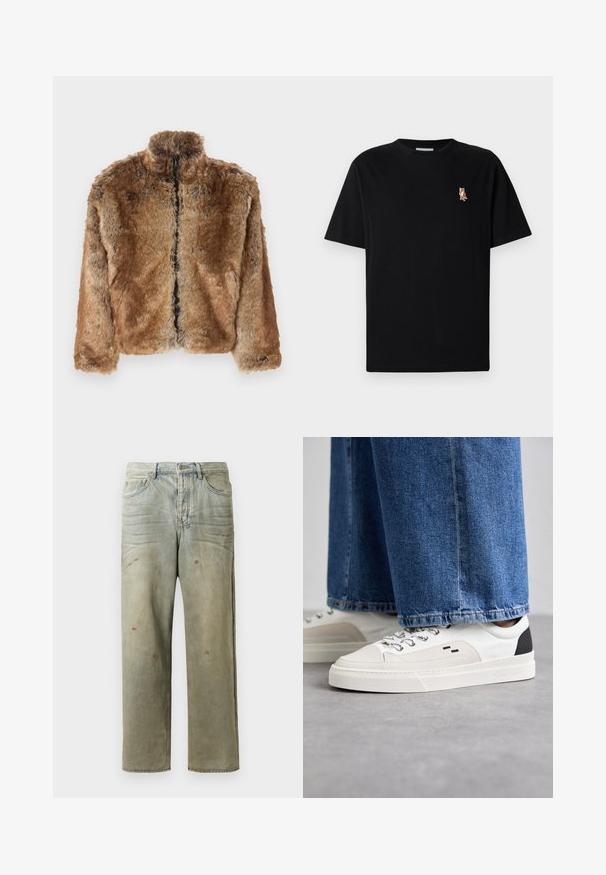 Pruun kunstkarusnahast jakk kõrge kaelusega, täispikkuseta lukk ja pikad varrukad. Tekstureeritud pind, millel on pehme sära.; Must have lühikeste varrukatega ümmarguse kaelusega must t-särk, mille vasakus rinnakus on väike brodžeeritud oranž rebane.; Karmiinroheline kulunud denim teksapüksid, millel on sirge jalg, viie taskuga disain ning ebaühtlane pleekimine koos värvikrõpsudega.; Valged ja mustad spordijalatsid sileda nahkpealise, tekstuursete aktsentidega ja paksu valge tallaga. Omab klassikalist nööbistamise disaini.