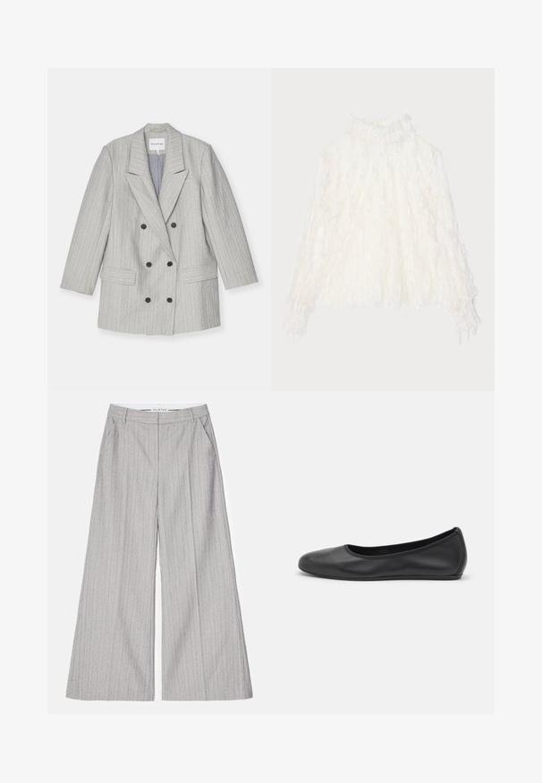 Blazer cinza de abotoamento duplo com riscas verticais, apresentando lapela com recorte, dois bolsos frontais e botões pretos. Interior forrado.; Blusa branca e texturizada com um colarinho alto e detalhes franzidos. Mangas longas com punhos elásticos, feita de um tecido leve e transparente.; Calças largas cinzentas com riscas verticais, apresentando uma textura suave e um leve brilho. Inclui bolsos frontais e uma cinta.; Bailarina preta em pele com bico arredondado, textura suave, detalhe de costura minimalista e design de sola flexível.