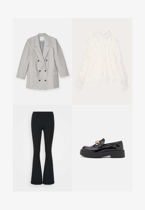 Grey double-breasted blazer with vertical pinstripes, featuring a notched lapel, two front pockets, and black buttons. Lined interior.; White, textured blouse with a high collar and ruffled detailing. Long sleeves with elastic cuffs, made from a lightweight, sheer fabric.; Black flared pants made of stretchy fabric, featuring a high waistband and a smooth texture. The pants flare out from the knee.; Black patent leather loafers with a chunky black sole and gold hardware detailing. Smooth texture and rounded toe design.