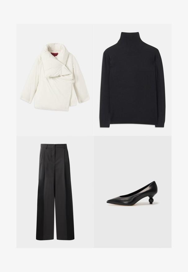 Balta pūkinė striukė su didele sulenkta apykakle, asimetriniu dizainu ir šoniniu uždarymu, kuriame yra metalinis žiedas. Lygus, blizgus paviršius.; Juodas golfas, pagamintas iš minkštos medžiagos. Jis turi ilgomis rankovėmis, aukštu kaklu ir šonkauliniais rankogaliais bei apvadu, suteikiančiais prigludusį įvaizdį.; Juodos plačios kelnės su aukštu liemeniu, su priekinėmis raukšlėmis, glotnia tekstūra ir pritaikytu apdailos stiliumi. Sukurtos laisvam sėdėjimui.; Juoda odinė aukštakulnė bateliai su smailiu pirštu ir apvaliu, iškiliu kulnu. Lygus paviršius su elegantišku, minimalistiniu dizainu.