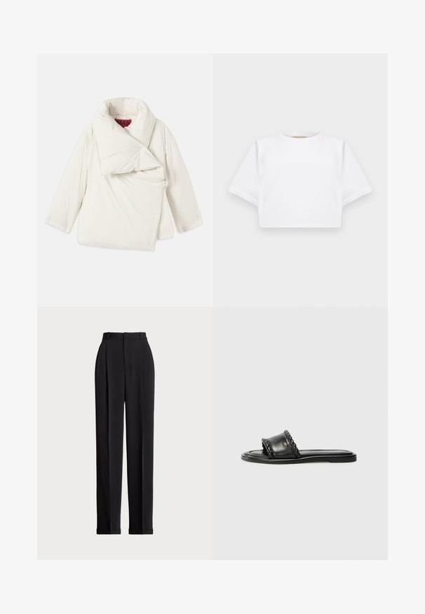 Jachetă albă pufos cu un guler mare, pliat, design asimetric și închidere laterală cu un inel metalic. Textură netedă și lucioasă.; Tricou alb scurt dintr-un material moale, cu mâneci scurte, decolteu rotund și detalii ribbrate la margine. Design simplu și fără embellishments.; Pantaloni negri, croiți pe măsură, cu talie înaltă, cu plii în față, design cu picior drept și tiv manșetat. Confecționați dintr-un material neted.; Sandal cu talpă plată din piele neagră, cu detaliu de curea împletită și un design elegant. Textură netedă și profil minimalist.