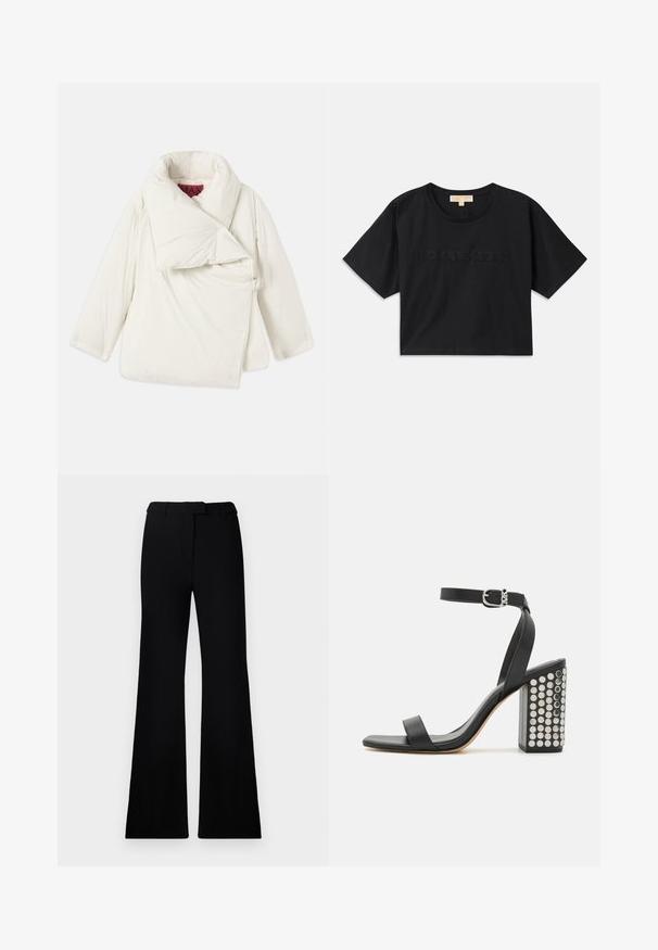 Balta pūkinė striukė su didele sulenkta apykakle, asimetriniu dizainu ir šoniniu uždarymu, kuriame yra metalinis žiedas. Lygus, blizgus paviršius.; Juoda trumpa medvilninė marškinėliai. Suapvalintas iškirpimas ir trumpomis rankovėmis. "MICHAEL KORS" išsiuvinėta atitinkamos spalvos priekyje.; Juodos platėjančios kelnės su lygiu paviršiumi, pritaikyta juosmeniu ir priekinių kišenių dizainu, sukurtos su modernia, elegantiška siluetu.; Juodos odinės aukštakulnės šlepetės su kulkšnies dirželiu. Yra kvadratinis pirštas, lygus paviršius ir kvadratinis bloko kulnas, papuoštas sidabriniais nagais.