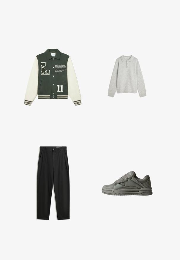 Green wool-blend varsity jacket with cream sleeves, featuring an 'L' logo patch, white number '11', and embroidered text. Ribbed cuff and hem.; Gray knit pullover with a collared neck, three front buttons, and ribbed hem. Fabric appears soft and textured, with a relaxed fit.; Black cotton trousers with a relaxed fit, featuring a classic waistband, front pleats, and side pockets. Smooth texture without patterns.; Gray athletic shoe with textured leather and mesh upper, thick rubber sole, and prominent padded tongue and sides. Laces and side accents included.