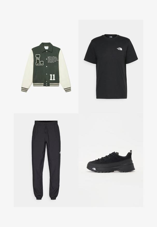 Chaqueta varsity de mezcla de lana verde con mangas crema, que presenta un parche con el logo 'L', el número '11' en blanco y texto bordado. Puños y dobladillo acanalados.; Camiseta de algodón negro con mangas cortas, cuello redondo y un pequeño logo blanco en el lado izquierdo del pecho. Diseño simple, textura suave y ajuste relajado.; Pantalones deportivos negros hechos de un tejido ligero, con una cinturilla ajustable, bolsillos laterales y puños ajustados en los tobillos.; Zapatilla negra de exterior con parte superior de ante, suela de goma texturizada y un sólido sistema de cordones. Cuenta con un talón reforzado y el logotipo de la marca en el lateral.