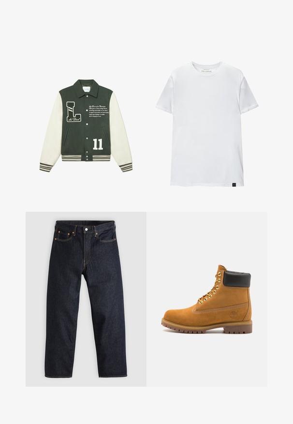 Groene wollen varsityjack met crèmekleurige mouwen, voorzien van een 'L' logo patch, witte nummer '11' en geborduurde tekst. Geribbelde manchetten en zoom.; Witte spiergetailleerde t-shirt van katoen. Ronde hals, korte mouwen, gladde textuur. Klein zwart logo-label aan de zoom. Eenvoudig ontwerp.; Donkerblauwe denim jeans met een rechte snit, vijf zakken, contrasterende oranje stiksels en een knoopsluiting. Geen zichtbare patronen of versieringen.; Tan suède enkelboot met zwart gevoerd kraagje, gouden metalen oogjes, witte stikdetails en een robuuste rubberen zool met uitgesproken profiel.