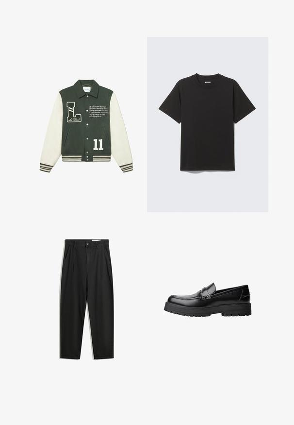 Zelena varstvena jakna od vune s krem rukavima, koja ima vezan 'L' logo, bijeli broj '11' i izvezeni tekst. S rebrastim manžetama i porubom.; Crna majica kratkih rukava od mekanog pamuka, s okruglim izrezom i jednostavnim dizajnom bez uzoraka ili naglasaka.; Crne pamučne hlače s opuštenim krojem, s klasičnim pojasom, prednjim nabranjima i bočnim džepovima. Glatka tekstura bez uzoraka.; Crna kožna mokasina s debelim potplatima i dekorativnom trakom preko gornjeg dijela, prikazana u lijevom bočnom profilu na bijeloj pozadini.