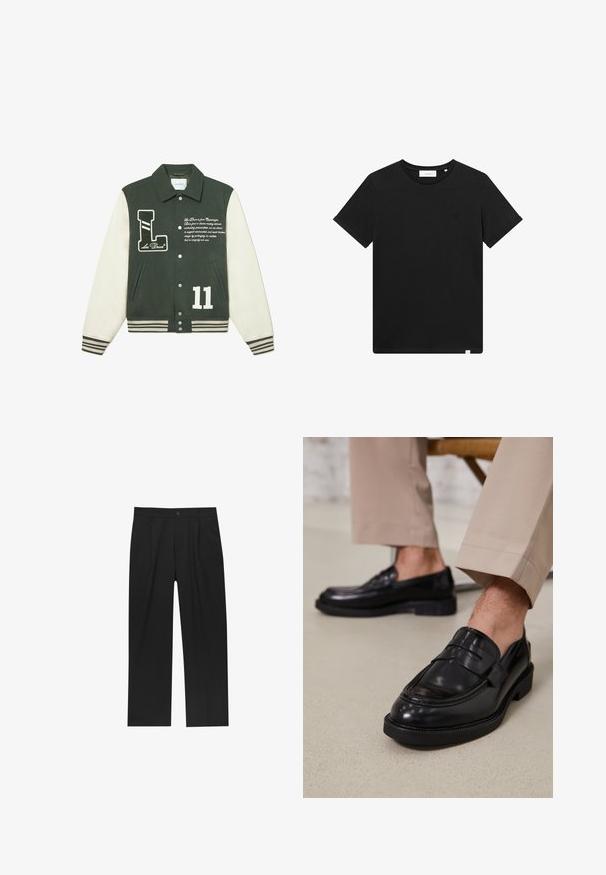 Zeleno volneno-blend varsity jopič s kremnimi rokavi, ki ima značko z logotipom 'L', belo številko '11' in vezeno besedilo. Rebrast zapestja in spodnji rob.; Črn kratkolasasti T-majica iz bombaža z okroglim izrezom in majhnim logotipom vezenim na prsih. Gladka tekstura, standardna prileganja.; Črne hlače z ravnim krojem, narejene iz gladkega materiala. Imajo sprednje gube in enojno zaponko na pasu.; Črne usnjene loafer čevlje z gladko površino, ki imajo okrasno zaponko in kontrastno šivanje, v kombinaciji s bež hlačami.