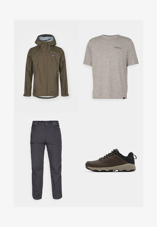 Patagonia TORRENTSHELL ciemnobrązowy; Szara koszulka z krótkim rękawem, uszyta z miękkiego, teksturowanego materiału, z małym niebieskim logo Patagonia na lewej piersi. Bez dodatkowych wzorów.; Ciemnoszare spodnie wykonane z trwałej tkaniny, z zamkniętą kieszenią, prostym krojem i szlufkami na pasek, umożliwiającymi regulację dopasowania.; Brązowe wodoodporne trampki z teksturowaną cholewką, perforowanymi akcentami, czarnym wsparciem pięty i szarym gumowym podeszwy. Sznurówki ozdobione metalowymi końcówkami.