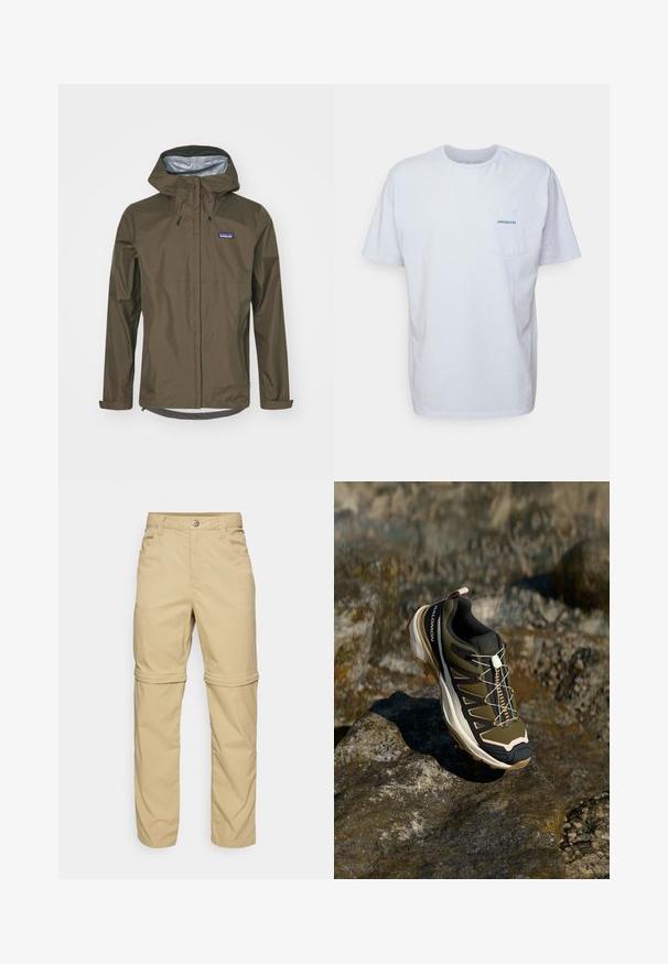 Patagonia TORRENTSHELL RAIN - Hardshell-jope - dunkelbraun; Valge puuvillane t-särk lühikeste varrukatega, ümar kaelus ja vasakpoolne rinnatasku koos sinise "Patagonia" logoga. Klassikaline lõige, sileda tekstuuriga.; Beezhides zip-off püksid sujuva tekstuuriga, kus on kaks küljetaskut, nööbiga sulgu ja mugavust lisavad keeratavad varrukad.; Olive rohelised ja mustad matkasaapad roosade aktsentidega. Omab tekstuurset ülemist osa, painduvaid põhi, tugevdatud varbakaitset ja värvilist paeltesüsteemi.