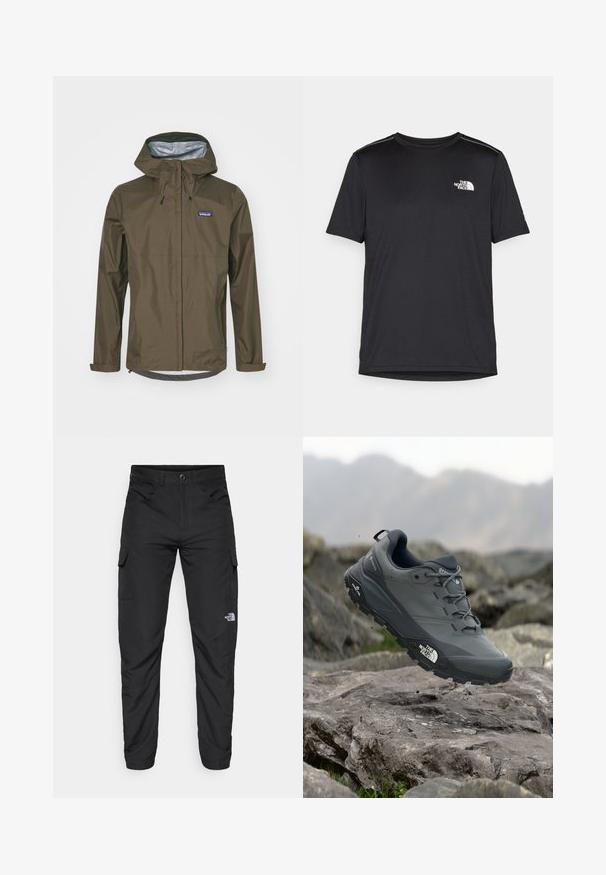 Patagonia TORRENTSHELL RAIN - Veste Hardshell - dunkelbraun; T-shirt noir à manches courtes en tissu léger. Présente un petit logo blanc sur la poitrine gauche et des accents subtils aux épaules.; The North Face HORIZON PANT - Pantalons outdoor - black; Chaussure de trail running grise avec un dessus texturé, semelle en caoutchouc durable et chaussure renforcée à l'avant. Comprend des lacets et un logo de la marque sur le côté.