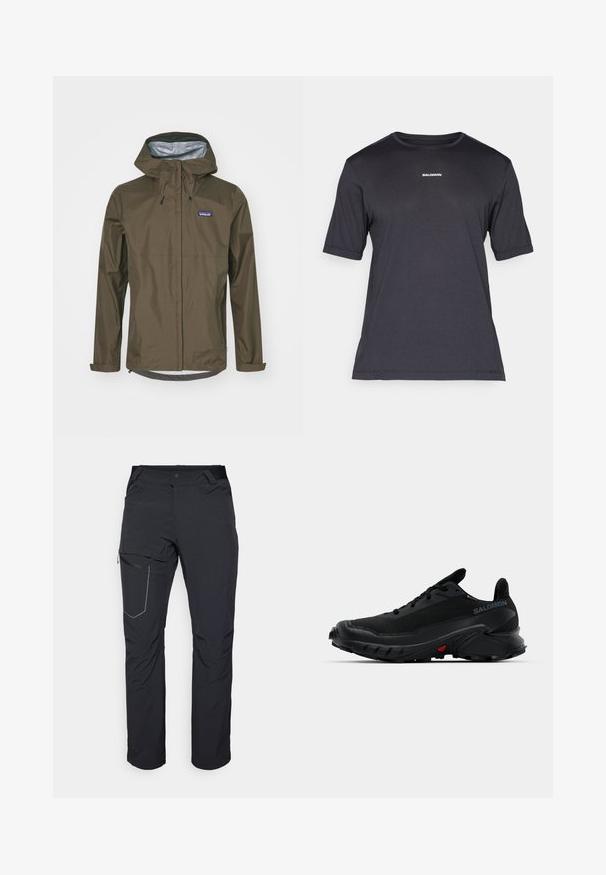 Patagonia TORRENTSHELL RAIN - Hardshell-jakke - dunkelbraun; Sort kortærmet performance t-shirt lavet af åndbart stof, med rund halsudskæring og lille hvid "SALOMON" logo på brystet.; Svarte udendørs bukser med en lynlåslomme på låret, elastisk talje og glat, vandafvisende stof. Rent design uden synlige logoer.; Sorte sportssko med en tekstureret overdel, rund tå og fremtrædende gummisål. Har et logo på siden og røde detaljer på sålen.
