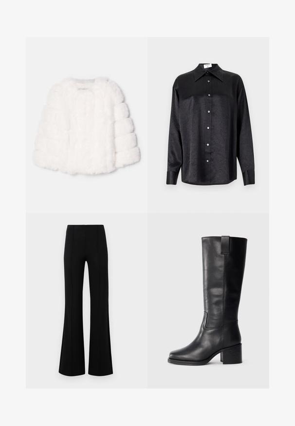 Jachetă scurtă din blană sintetică albă, cu o formă pătrată, având o suprafață texturată și detalii ribbate la mâneci. Fără închideri vizibile.; Cămașă neagră cu mânecă lungă, cu guler, cu o textură șifonată, cu nasturi pe toată lungimea și manșete. Fabricată dintr-un material neted.; Pantaloni negri evazați, cu talie înaltă, fabricați dintr-un material elastic. Prezintă detalii cu cusături verticale în față și o textură netedă.; Cizme negre din piele până la genunchi cu o textură netedă, vârf pătrat, toc bloc și tab pentru tragere pe lateral, având detalii de cusătură minime.