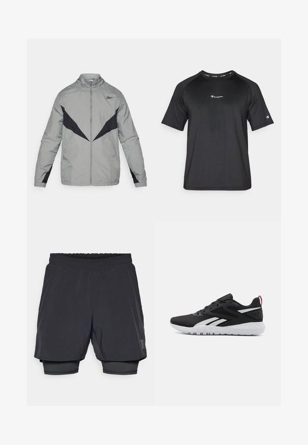 Lagani sivi vjetrobran s crnim detaljima. Ima visoki ovratnik, prednji zatvarač i kontrastne dizajnerske uzorke na prsima i rukavima.; Champion LIGHT STRETCH - Sportska majica - black; Crne atletske kratke hlače s elastičnim pojasom, slojevitim dizajnom i uskim unutrašnjim podstavom. Sadrže diskretnu oznaku na donjoj strani.; Crne atletske cipele s mrežastim gornjim dijelom, bijelim akcentima, teksturiranim potplatom i crvenim detaljem na peti za dodatnu istaknutost.