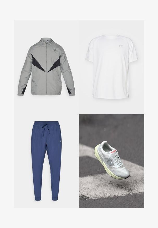 Leichter, grauer Windbreaker mit schwarzen Akzenten. Verfügt über einen hohen Kragen, einen Frontreißverschluss und kontrastierende Designmuster auf Brust und Ärmeln.; Weißes kurzärmeliges Sportshirt aus glattem Material. Mit Rundhalsausschnitt und grauem Logo auf der linken Brust, sowie seitlichen Schlitzen am Saum.; Dunkelblaue Sporthose mit elastischem Bund, Kordelzug und schmal zulaufenden Bündchen. Sie verfügt über Seitentaschen und ein kleines Logo an einem Bein.; Leichter Laufschuh mit einem weißen Mesh-Obermaterial, gelber Zwischensohle und grauen Akzenten. Enthält ein auffälliges ‚N‘-Logo und eine strukturierte Oberfläche.