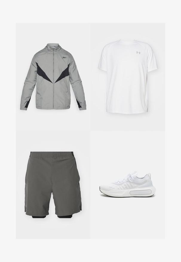 Viegls, pelēks vējjaka ar melniem akcentiem. Raksturīga augsta apkakle, priekšējais rāvējslēdzis un kontrastējoši dizaina raksti uz krūtīm un piedurknēm.; Baltas īsajiem piedurknēm sporta krekls, izgatavots no gludas auduma. Tam ir apaļa kakla izgriezums un pelēks logo uz kreisās krūtis, kā arī sānu šķēlumi apakšmalā.; Pelēki sporta šorti ar gludu, vieglu audumu un elastīgu jostasvietu, kurām ir iekšējas kompresijas šorti un sānu kabatas.; Balti sporta apavi ar teksturētu adītu augšdaļu, saites slēgšanu, mīkstu zoli un izteiksmīgu zīmola detaļu sānos.