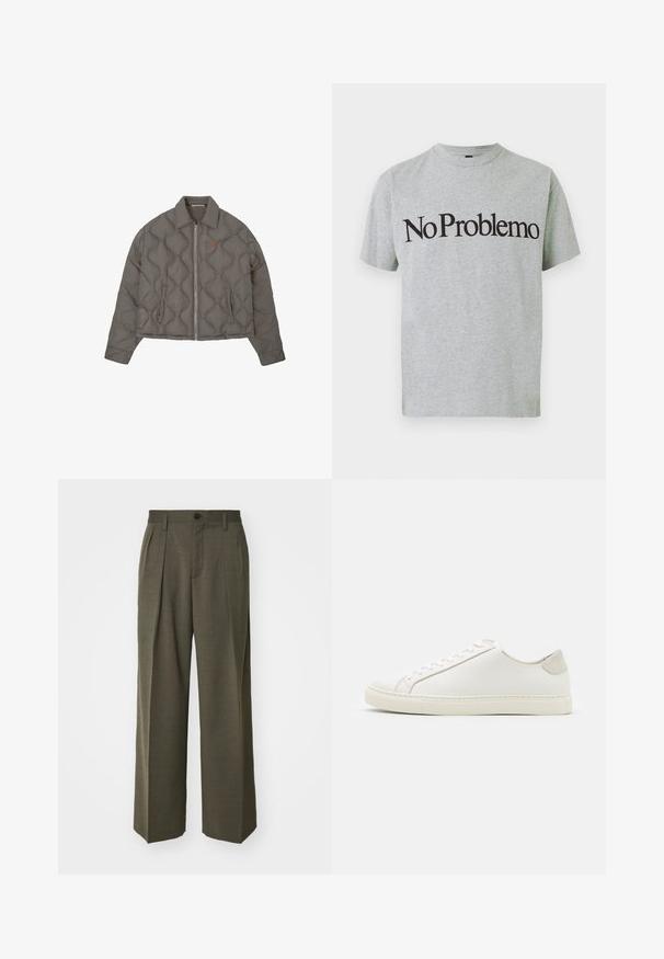 Jachetă gri matlasată cu fermoar frontal, guler și două buzunare laterale, având un mic emblema brodată pe piept.; Tricou din bumbac gri, cu mâneci scurte și decolteu rotund, având inscripția neagră "No Problemo" afișată proeminent pe față.; Filippa K WIDE TROUSERS - Pantaloni - driftwood; Tenisii albi din piele cu o suprafață netedă, vârf rotund și un design minimalist. Prezintă accente bej pe toc și o talpă din cauciuc.
