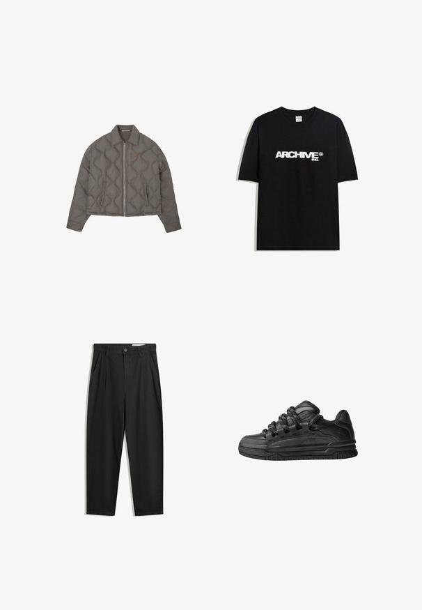 Šedá prošívaná bunda se zipem vpředu, límcem a dvěma postranními kapsami, s malým vyšitým emblémem na prsou.; Černé bavlněné tričko s bílým logem "ARCHIVE inc." na hrudi, krátké rukávy a kulatý výstřih.; Černé bavlněné kalhoty s uvolněným střihem, klasickým pasem, předními záhyby a bočními kapsami. Hladká textura bez vzorů.; Černé tenisky s hladkým koženým svrškem, texturovanými akcenty a kulatými černobílými tkaničkami. Silná gumová podrážka s vzorovaným dezénem.