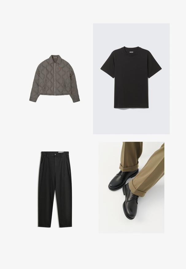Graue gesteppte Jacke mit Frontreißverschluss, Kragen und zwei seitlichen Taschen, mit einem kleinen gestickten Emblem auf der Brust.; Schwarzes T-Shirt mit kurzen Ärmeln aus weicher Baumwolle, mit rundem Ausschnitt und einfachem Design ohne Muster oder Akzente.; Schwarze Baumwollhose mit lockerem Schnitt, ausgestattet mit einem klassischen Bund, vorderen Falten und Seiten taschen. Glatte Textur ohne Muster.; Schwarze Lederschuhe mit glatter Oberfläche, versehen mit Schnürsenkeln und einer runden Zehenpartie, kombiniert mit hochgekrempelten khakifarbenen Hosen.