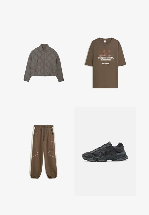 Šedá prošívaná bunda se zipem vpředu, límcem a dvěma postranními kapsami, s malým vyšitým emblémem na prsou.; Hnědé bavlněné tričko s krátkým rukávem, zdobené graficky zpracovaným textem a hvězdami v kontrastních barvách. Rovný střih s kulatým výstřihem.; Hnědé joggingové kalhoty s elastickým páskem na stažení, bočními kapsami a kontrastními smetanovými bočními panely se bílým prošíváním a křivkovými vzory.; Černá běžecká bota s kombinací síťoviny a syntetických materiálů, masivní podešev, zakřivený design a výrazné logo na boku.