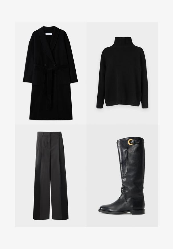 Fekete gyapjú keverék kabát sálgallérral, dupla gombos kialakítással, két elülső zsebbel és önkötős övvel. Simán textúra és modern szabás.; Fekete kötött pulóver magas bordázott gallérral, alacsony vállvonallal és laza szabással. Bordázott mandzsettákkal és szegéllyel rendelkezik a textúra érdekében.; Fekete, bő szárú nadrág magas derékkal, elöl plissékkel, sima felülettel és igényes kidolgozással. Kényelmes viseletre tervezve.; Fekete bőrből készült, térd fölé érő csizma, lekerekített orral, fűzős elülső résszel, oldalsó díszítéssel és arany színű csattal a tetején. Simább textúra.