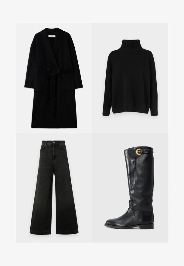 Palton dintr-un amestec de lână neagră, cu guler tip șal, design cu două rânduri de nasturi, două buzunare frontale și un cordon asortat. Textură netedă și croială modernă.; Pulover negru tricotat, cu guler înalt cu dungi groase, umeri lăsați și croială lejeră. Are manșete și tiv cu dungi groase pentru textură.; Blugi cu talie înaltă și croială largă pe picior, din denim negru închis. Caracteristicile includ un închizător cu nasturi, buzunare frontale și o textură netedă cu decolorări minime.; Cizme negre din piele, până la genunchi, cu vârful rotund, șireturi în față, detalii laterale și o cataramă aurie în partea de sus. Textură netedă.