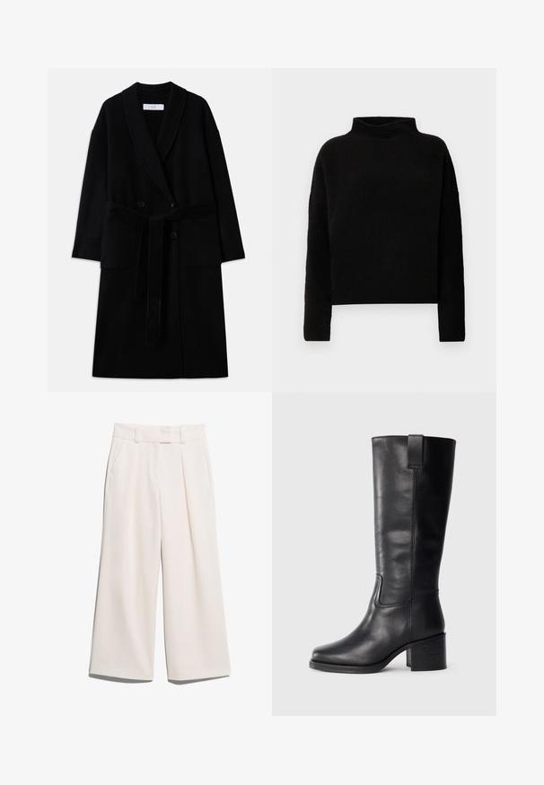 Cappotto in misto lana nero con colletto sciallato, design doppiopetto, due tasche anteriori e cintura a fiocco. Texture liscia e taglio moderno.; Maglione collo alto nero realizzato in tessuto morbido, con maniche lunghe e vestibilità comoda, con cuciture minime e senza abbellimenti visibili.; Pantaloni a gamba larga di un colore crema chiaro, realizzati in tessuto morbido con due tasche frontali e cuciture visibili sulla vita.; Stivali al ginocchio in pelle nera con una texture liscia, punta quadrata, tacco a blocco e linguetta laterale, caratterizzati da dettagli di cucitura minimi.