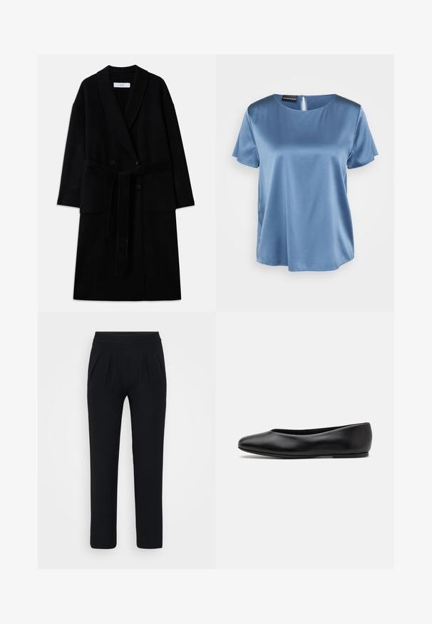 Černý kabát z vlněné směsi se šálovým límcem, dvouřadým zapínáním, dvěma předními kapsami a opaskem na zavázání. Hladká textura a moderní střih.; Modrá saténová blůza s krátkým rukávem a čtvercovým výstřihem, se zipem na zádech. Hladká textura a lehce volný střih.; Černé kalhoty s širokým střihem vyrobené z hladkého materiálu. Mají elastický pas a dva přední záhyby. Bez viditelných vzorů nebo kovových detailů.; Paul Smith TOPANGA - Klasické baleríny - black