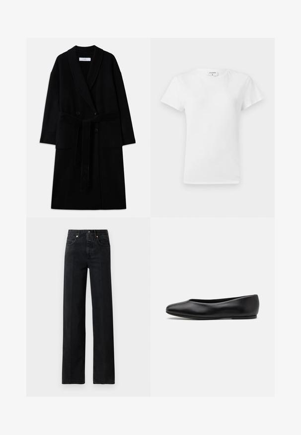 Cappotto in misto lana nero con colletto sciallato, design doppiopetto, due tasche anteriori e cintura a fiocco. Texture liscia e taglio moderno.; T-shirt bianco in cotone con colletto a girocollo e maniche corte, caratterizzato da una vestibilità rilassata e un design minimalista. Etichetta visibile sul collo.; Jeans in denim nero con vestibilità dritta. Presentano cinque tasche, chiusura a bottone e dettagli di cucitura minimi. Design classico.; Paul Smith TOPANGA - Ballerine - black