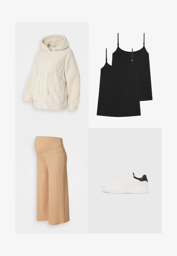 MAMALICIOUS MLRACHEL JACKET - Flisinė striukė - birch; Juodos šilkinės maikutės su reguliuojamomis petnešėlėmis, pagamintos iš glotnaus audinio, turinčios paprastą dizainą ir tiesią apatinę dalį, parduodamos dviejų rinkiniu.; Smėlinės, raukšlėtos nėščiųjų plačios kojos kelnės su aukštu, tampriu juosmeniu; sukurtos komfortui ir patogumui nėštumo metu.; Balti odiniai sportbačiai su įspaustu raštu, tekstūruotas baltas vidpadis ir juodas kulno akcentas. Ypatybės: apvalus pirštas ir plokščios batraiščiai.