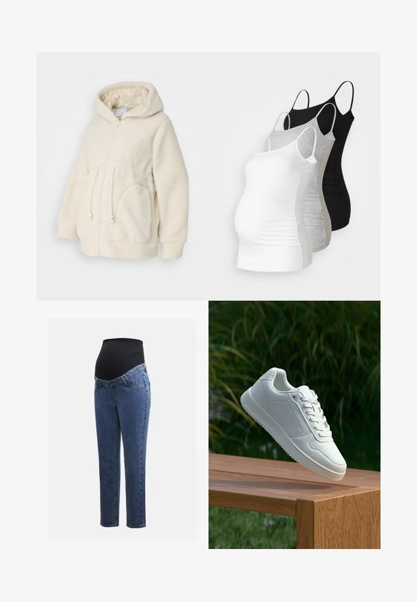 MAMALICIOUS MLRACHEL JACKET - Flīsa jaka - birch; Trīs grūtniecības tērpi bez piedurknēm baltā, pelēkā un melnā krāsā. Elastīgs audums ar regulējamiem tievajiem plecu siksniņām un savilktām sānu šuvēm komfortam.; Māmiņu džinsi ar zilu denima kājām un melnu elastīgu vēdera paneli, kas izstrādāts, lai atbalstītu un nosegtu augošu vēderu.; Baltie sporta apavi ar gludu sintētisku augšpusi, perforētu pirkstu daļu, plakani šņorēm un rakstainu zoli, novietoti uz koka virsmas.