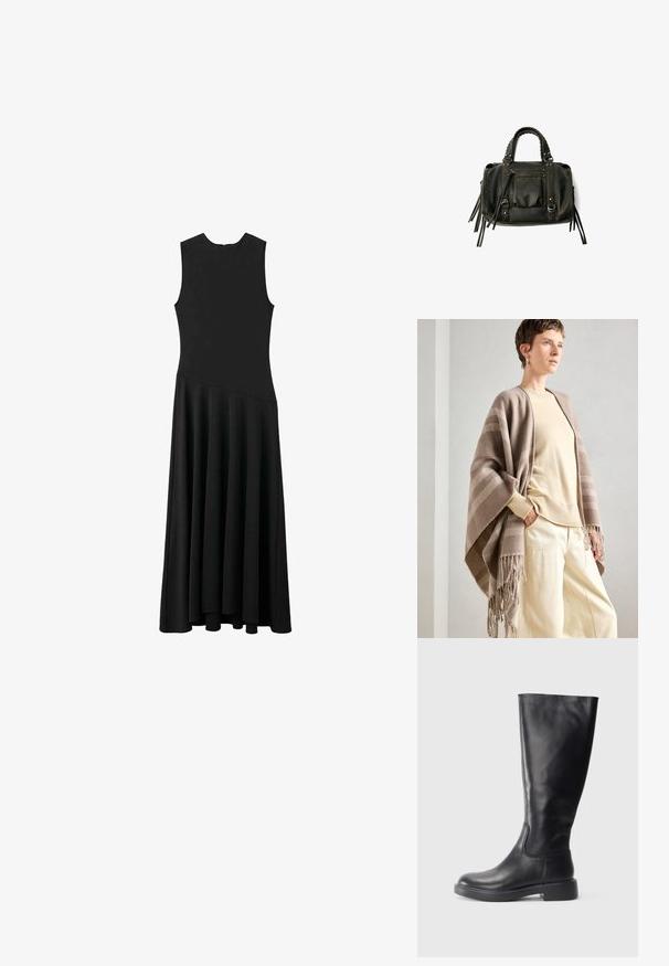 Brown striped shawl made of soft fabric, featuring fringed edges. Paired with a light cream sweater and loose cream trousers.; Black sleeveless maxi dress with a fitted bodice and flared skirt, featuring a smooth texture and minimalistic design, no visible fastenings.; Tall black leather boot with low heel and rounded toe, side view on white background.; Black leather handbag with braided handles, zipper pocket, and hanging tassels. Textured surface with metal studs and hardware accents.