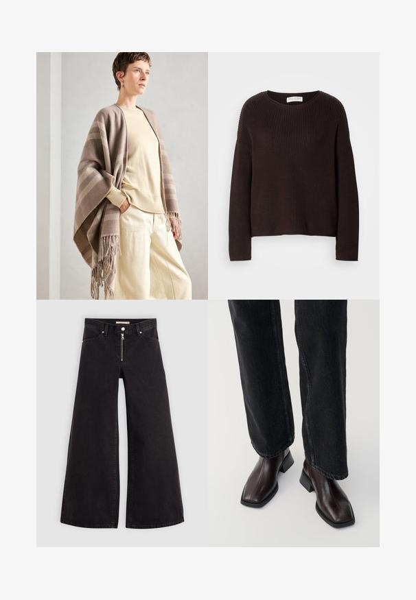 Bruine gestreepte sjaal van zacht materiaal, met franjes aan de randen. Gecombineerd met een licht crèmekleurige trui en losse crèmekleurige broeken.; Donkerbruin gebreid trui met een ronde hals, verlaagde schouders en ribbeltextuur over het geheel. Eenvoudig, ontspannen pasvorm ontwerp.; Wijdvallende jeans van zwarte denim met een ritssluiting aan de voorkant, vijf zakken en subtiele stikdetails. Soepele textuur en casual stijl.; Bruine leren enkellaarsjes met een vierkante neus en blokhak, gecombineerd met zwarte wijde jeans. Glad textuur en minimalistisch ontwerp.